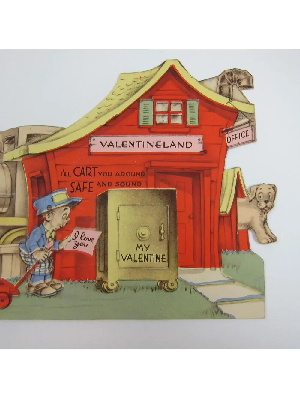 Vintage Valentine Card Mechanical Train Dog Moves Door Opens to Girl in Pink XL
